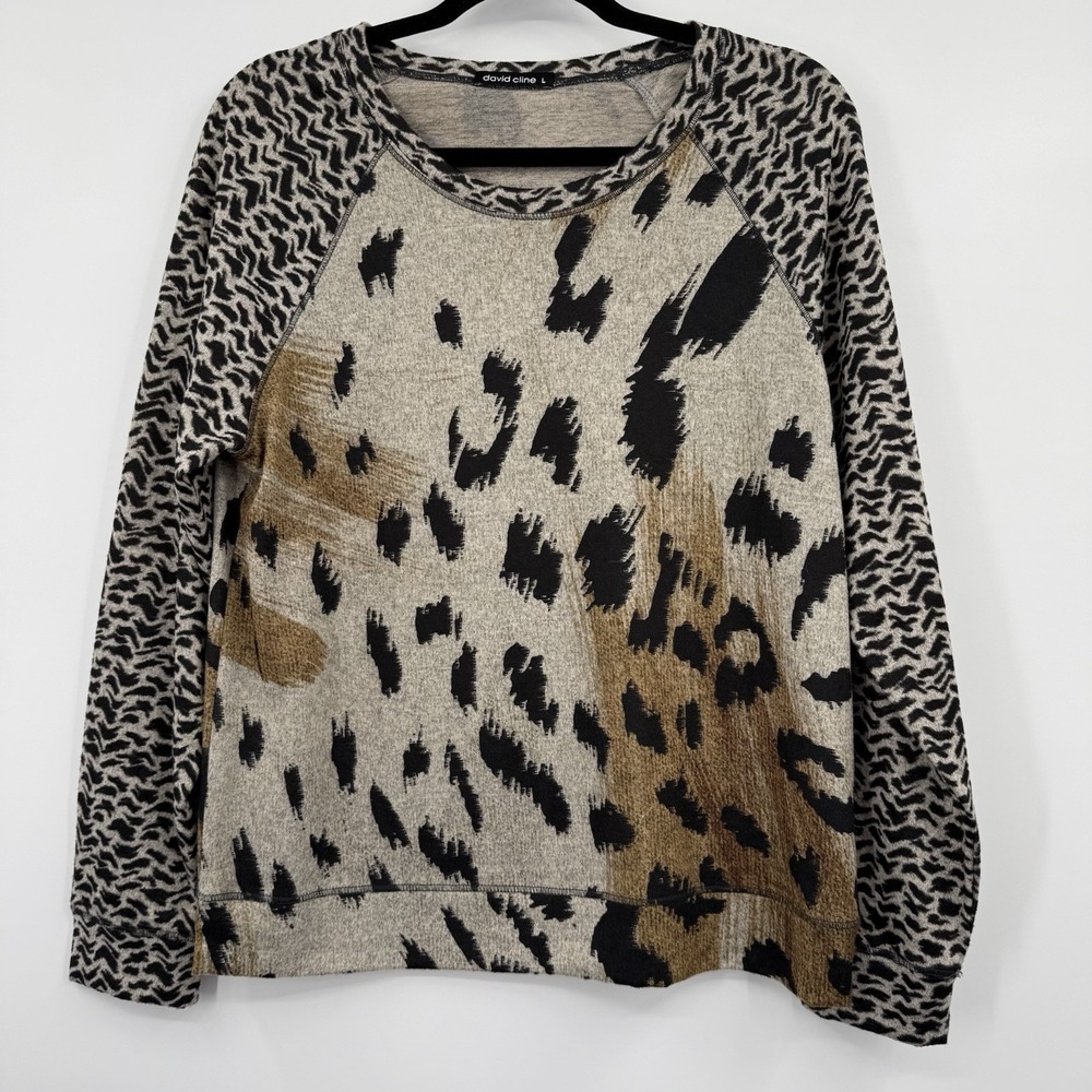 David Cline Shirt Top Womens Large Safari Print Leopard Soft Tunic Knit Art
